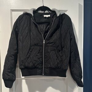 Olive & Oak Black Quilted Bomber with Gray Hood